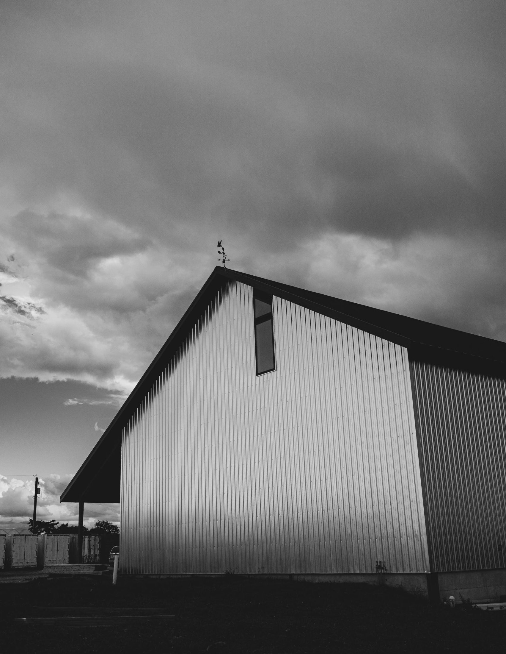 Black and white image of the barn